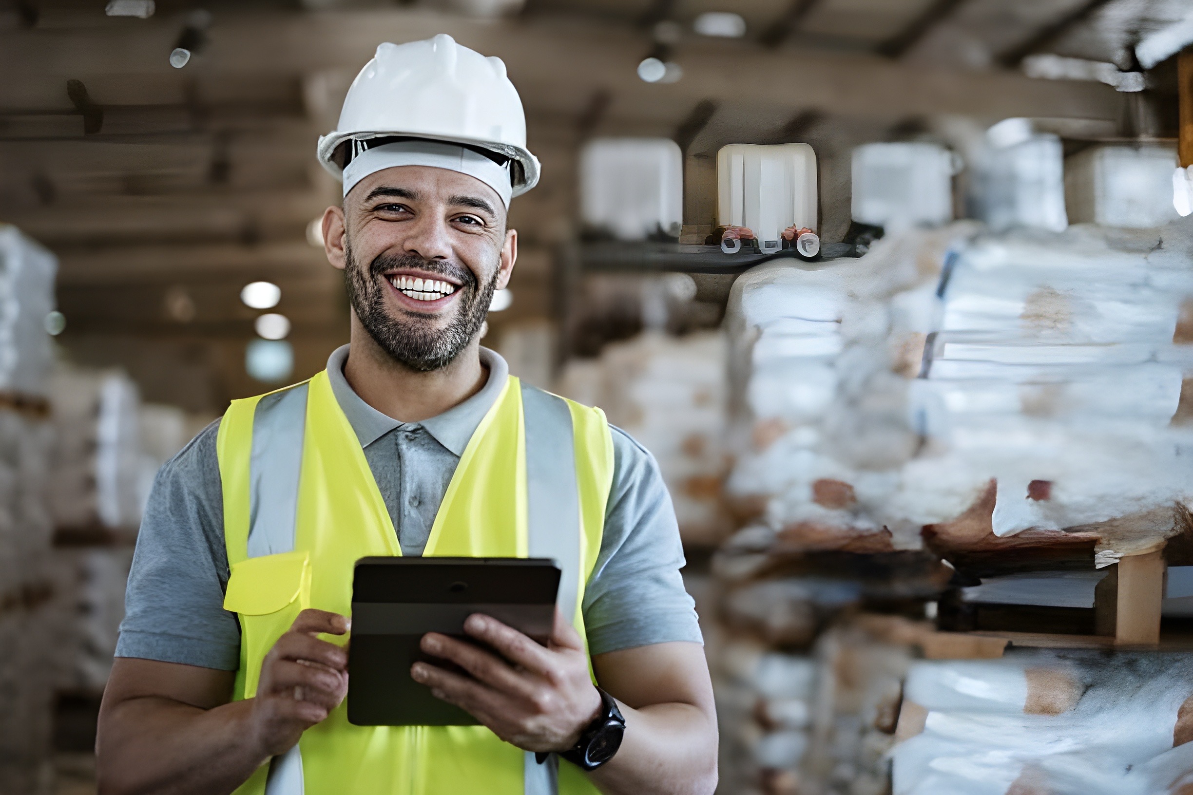 Warehouse worker using tablet