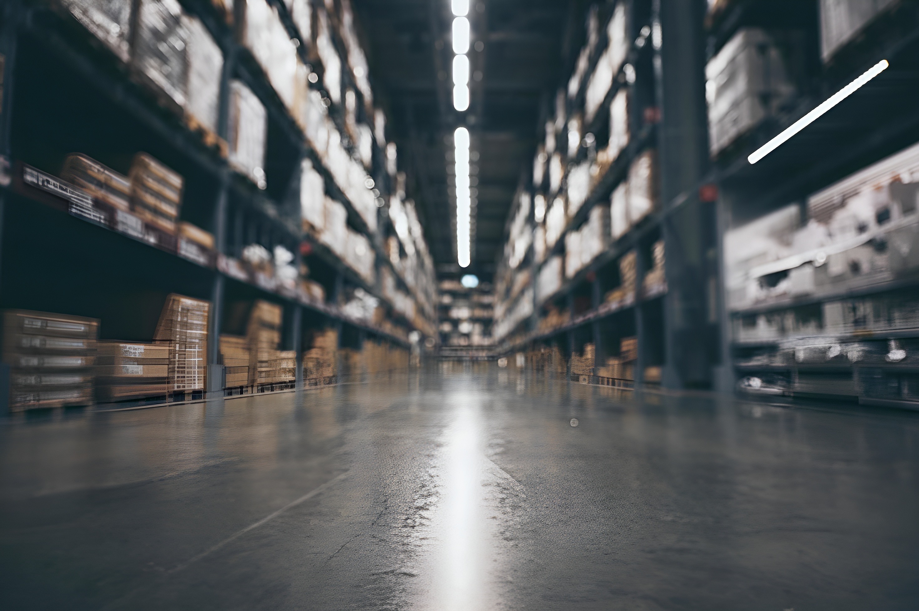 Warehouse pallet rack aisle for column guards and forklift impact protection