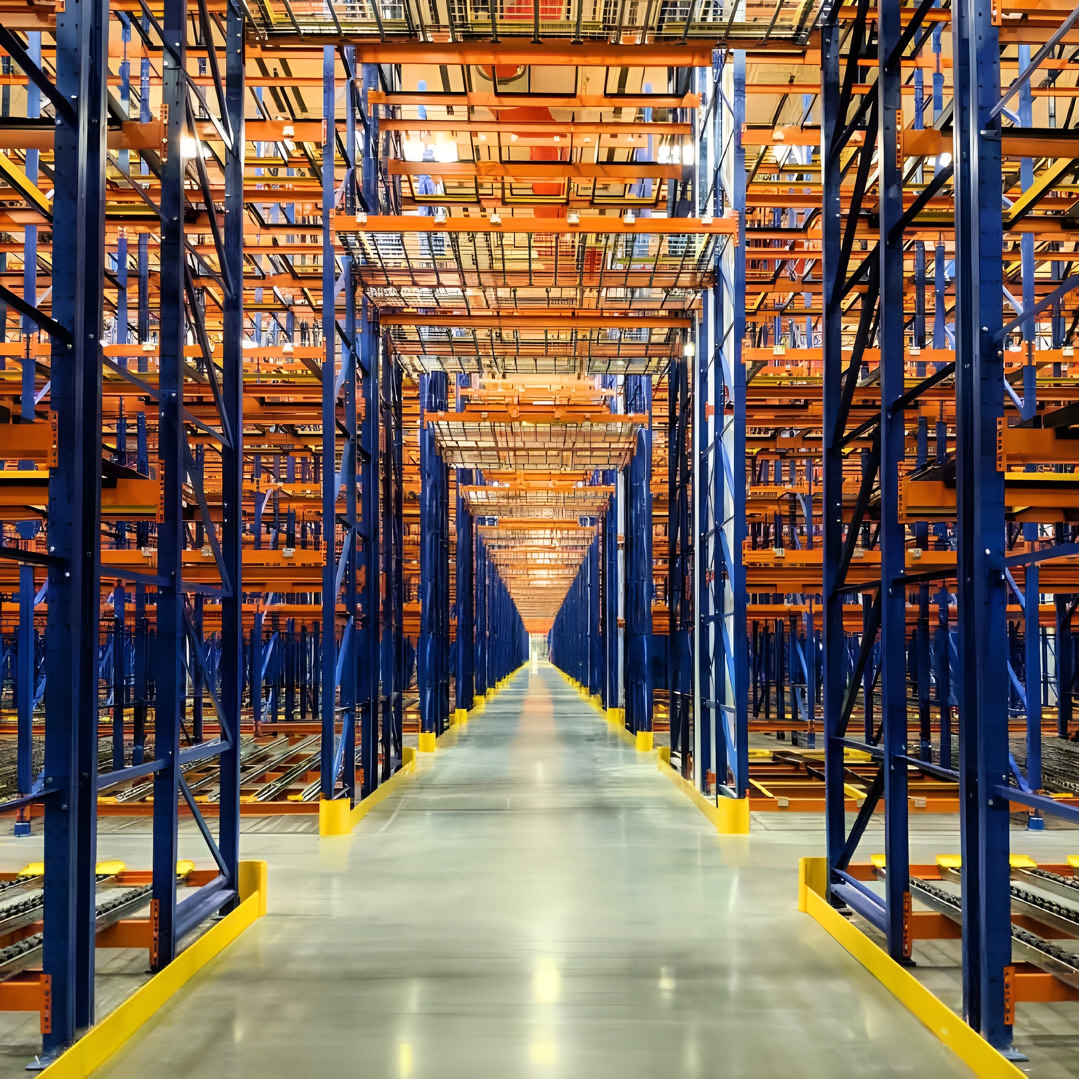 Warehouse aisle end with pallet rack guarding and forklift impact protection
