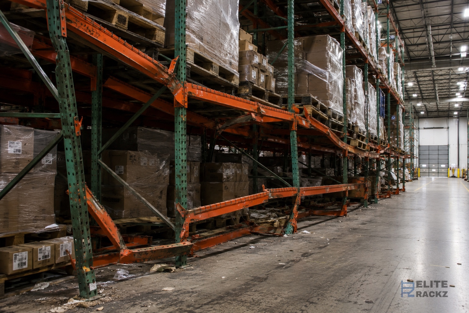 Damaged pallet rack upright being reviewed for repair versus replacement